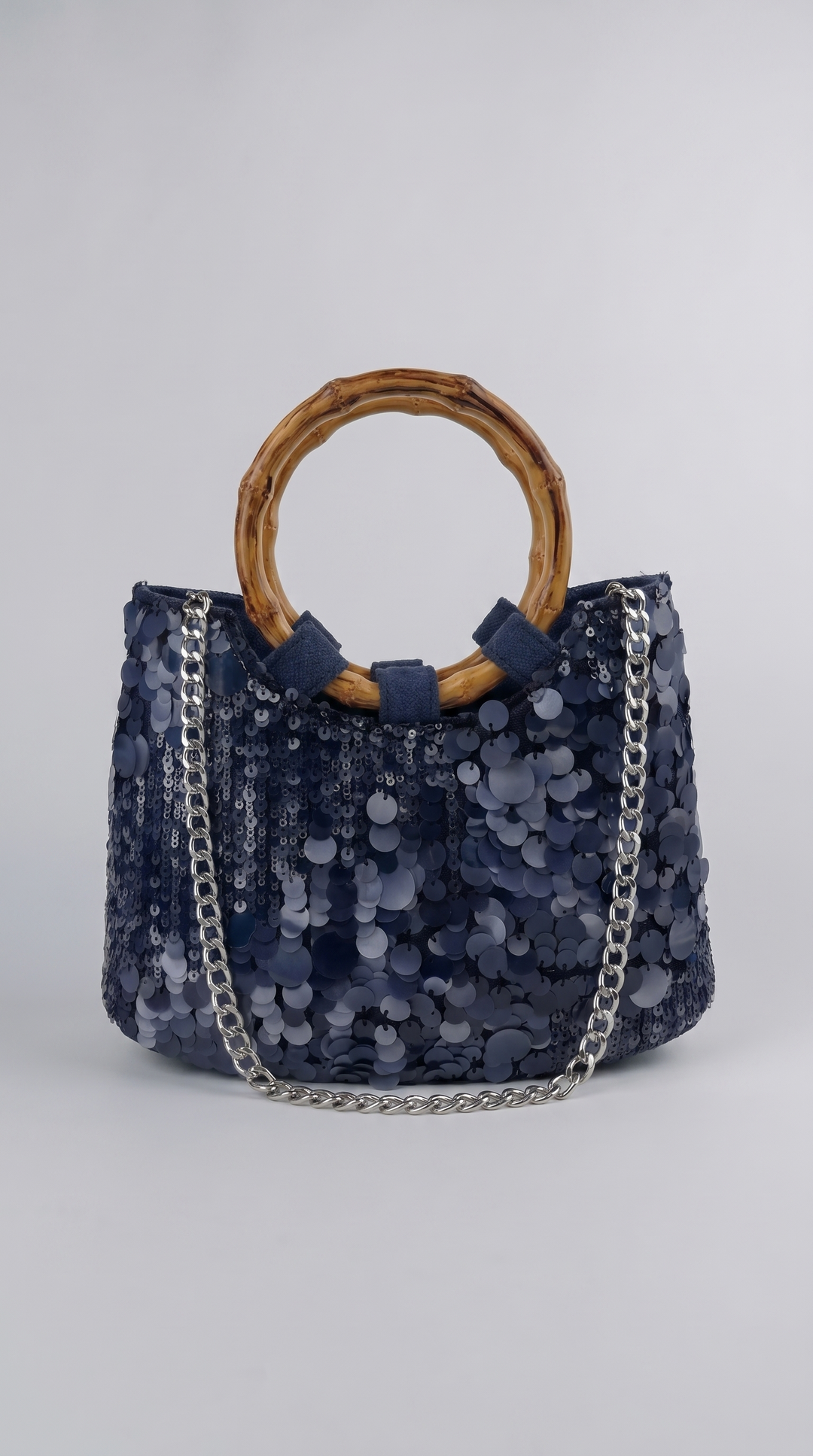 Midnight Blue Paillette Handbag with Bamboo Handles