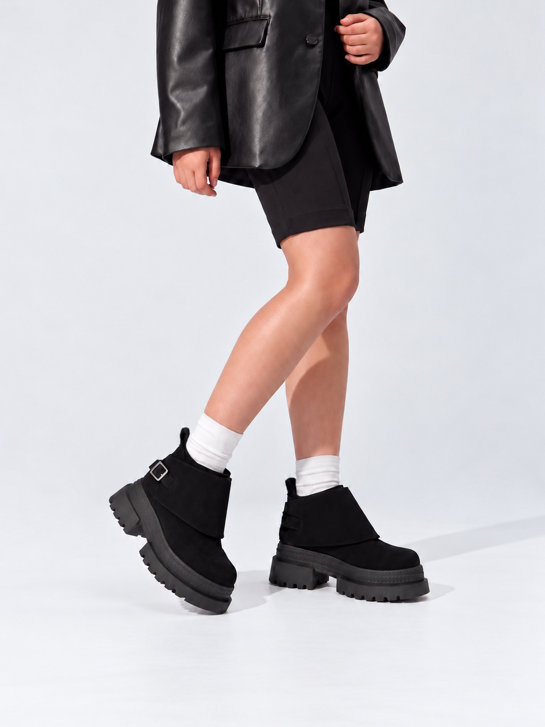 Buckle Flap Lace-Up Platform Ankle Boot Faux Suede – Black