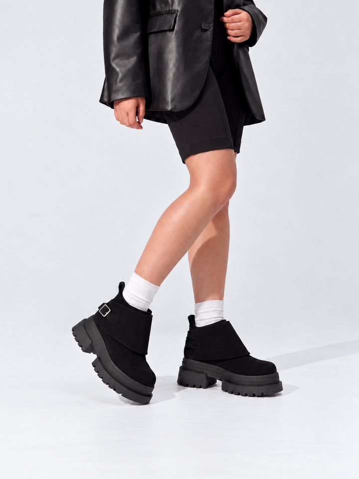 Buckle Flap Lace-Up Platform Ankle Boot Faux Suede – Black