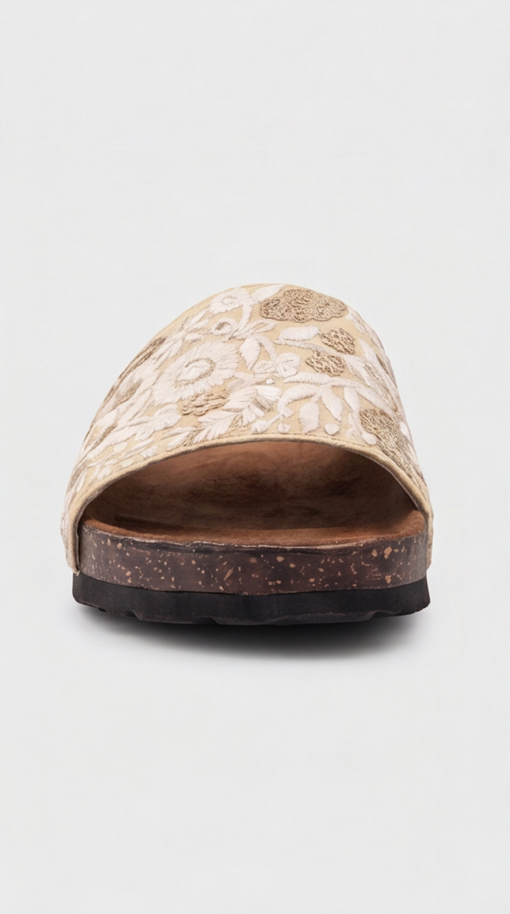 Ivory Floral Embroidered Cork Slide