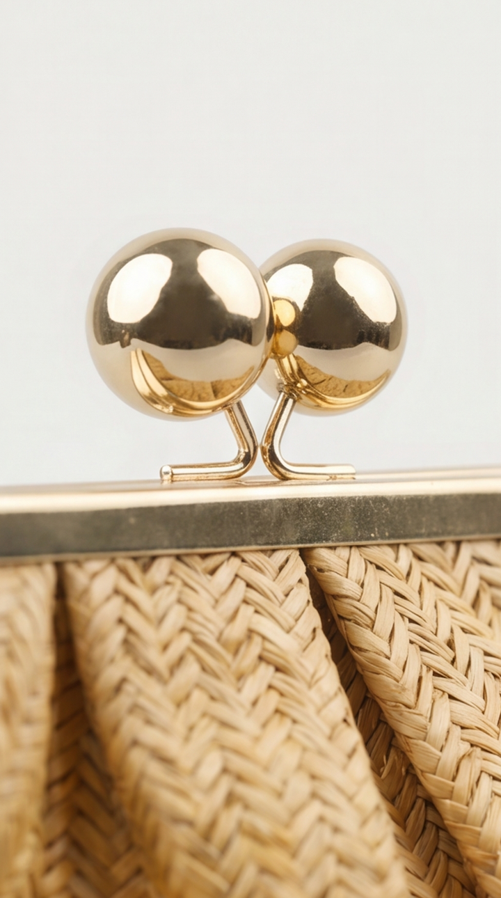 Woven Chevron Straw Clutch with Gold Sphere Kiss-Lock