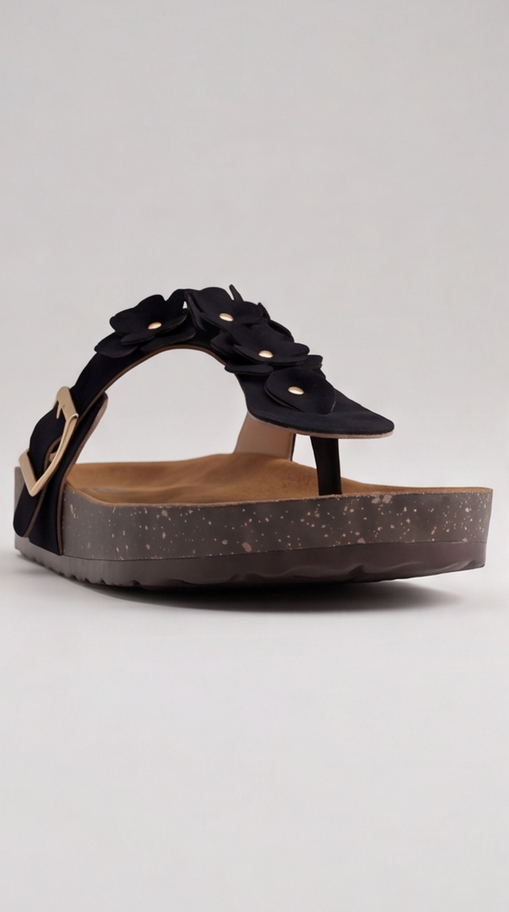 Black Floral Appliqué Platform Sandal