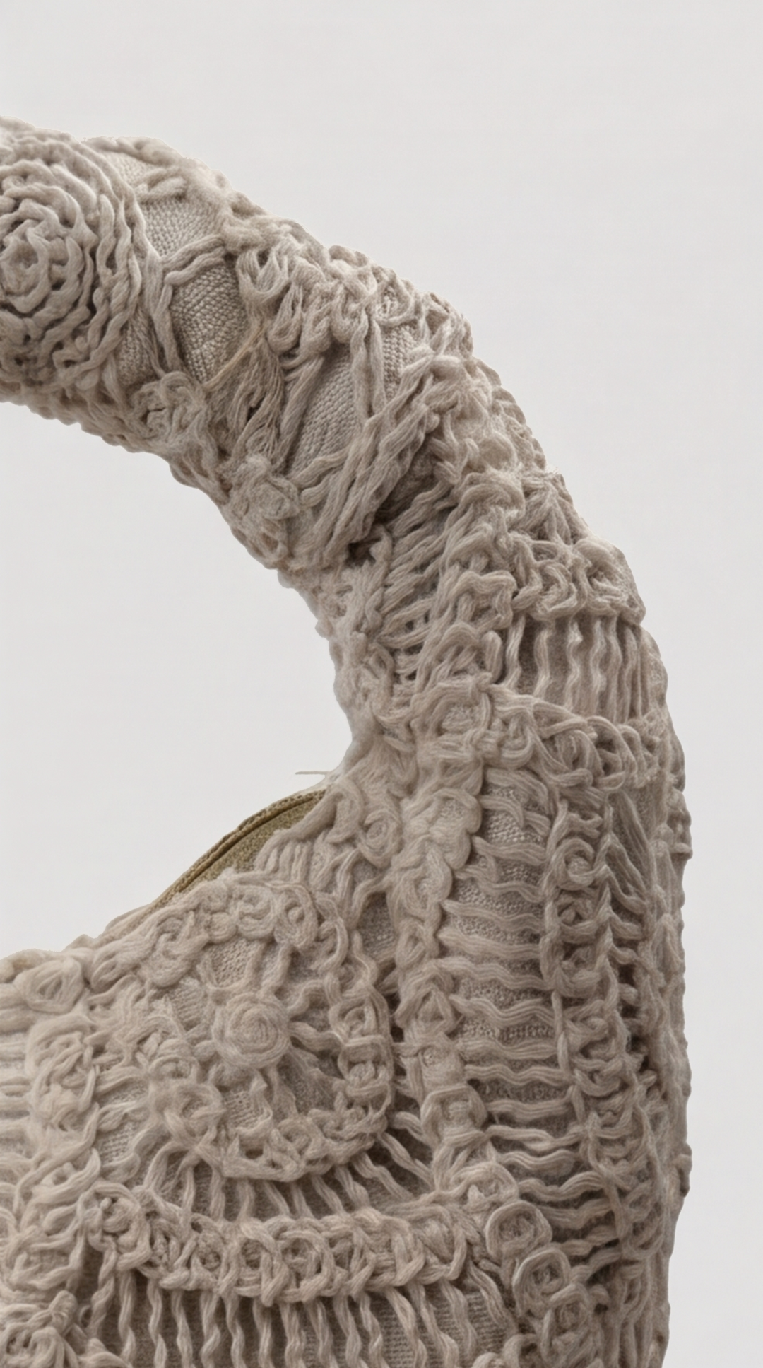 Beige Macramé Crescent Top-Handle Bag
