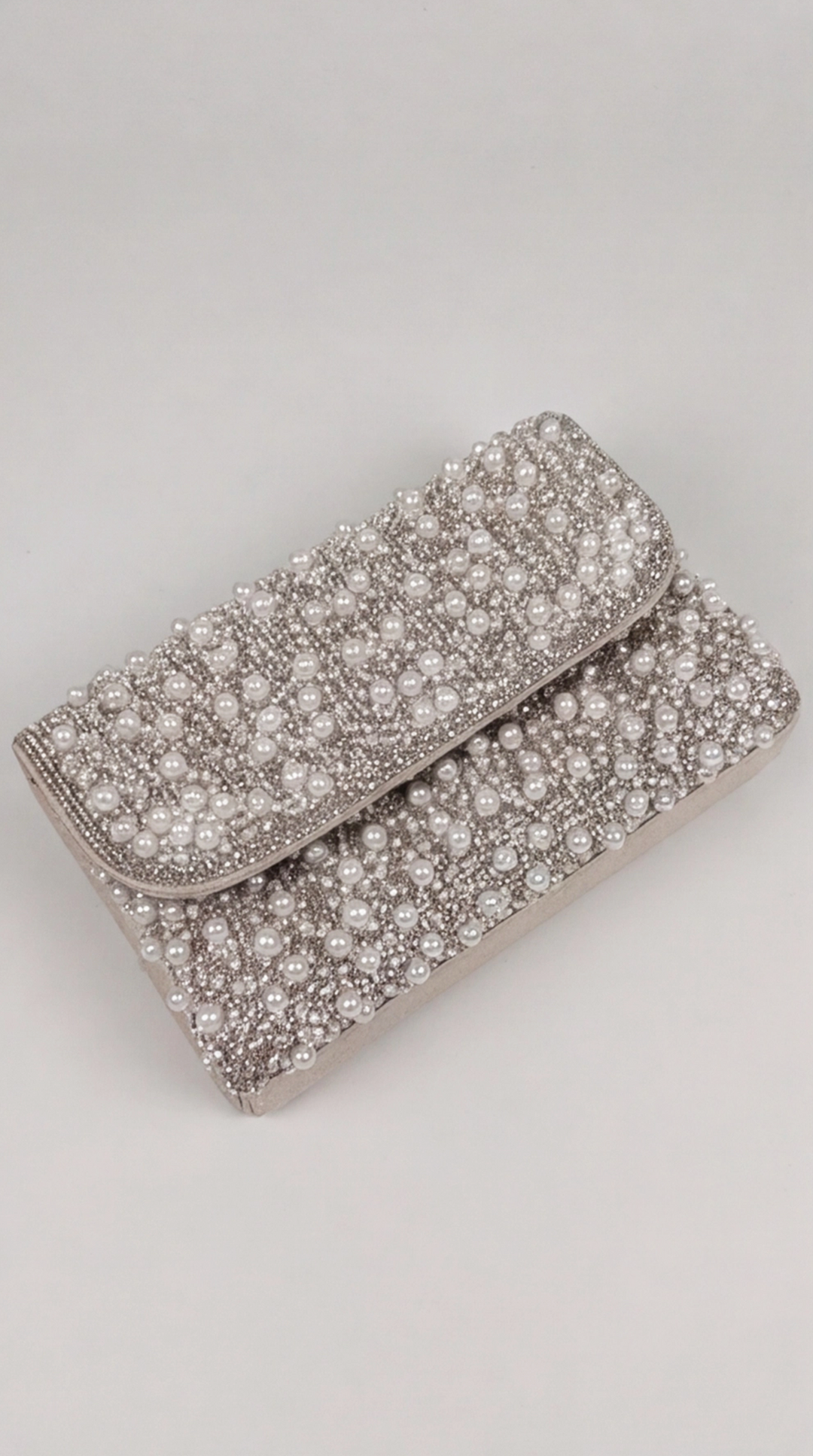 Silver Pearl Crystal Embellished Clutch Bag