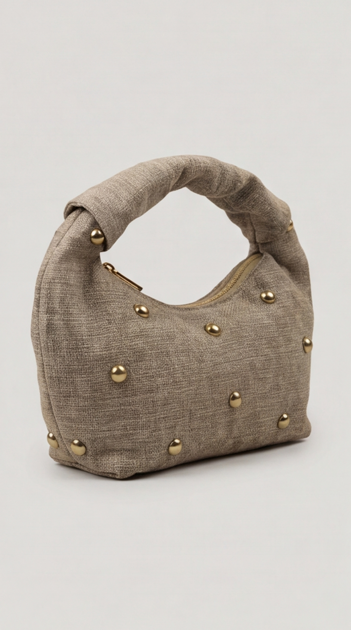 Studded Heathered-Linen Crescent Bag