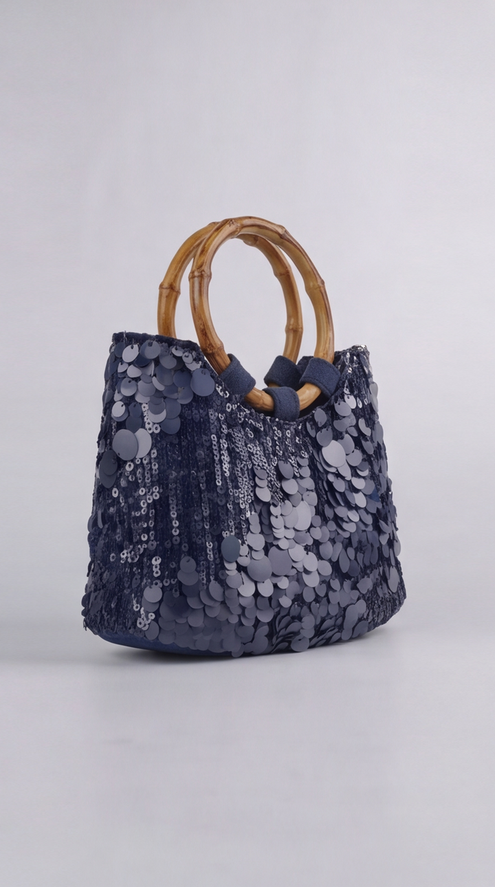 Midnight Blue Paillette Handbag with Bamboo Handles