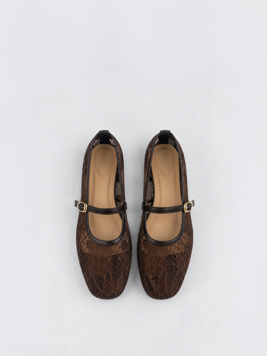 Brown Floral Lace Mary Jane Flat