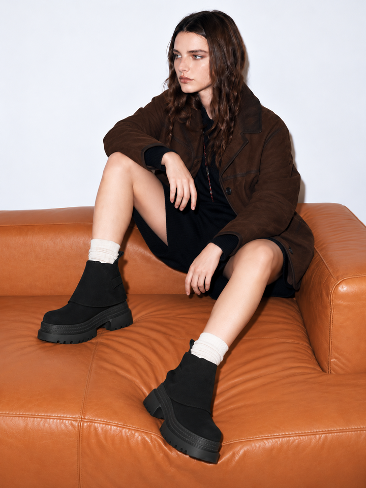 Buckle Flap Lace-Up Platform Ankle Boot Faux Suede – Black