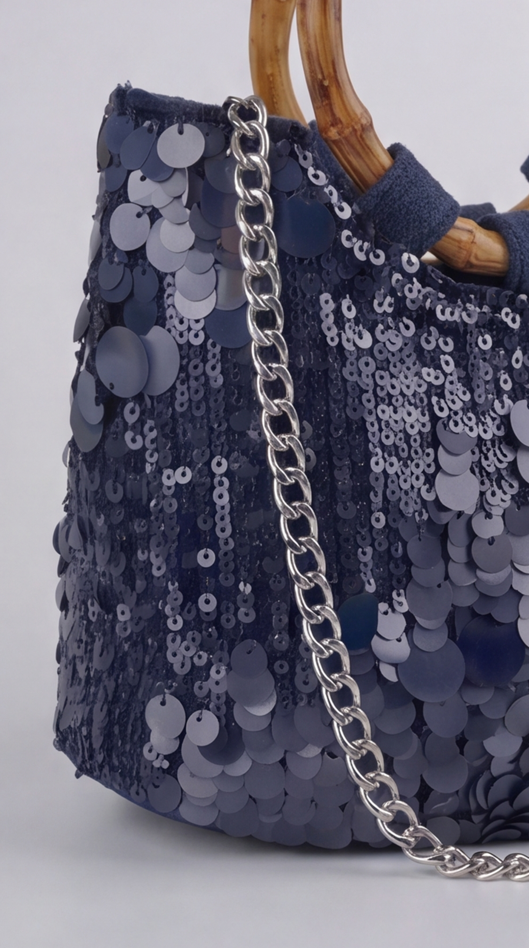 Midnight Blue Paillette Handbag with Bamboo Handles