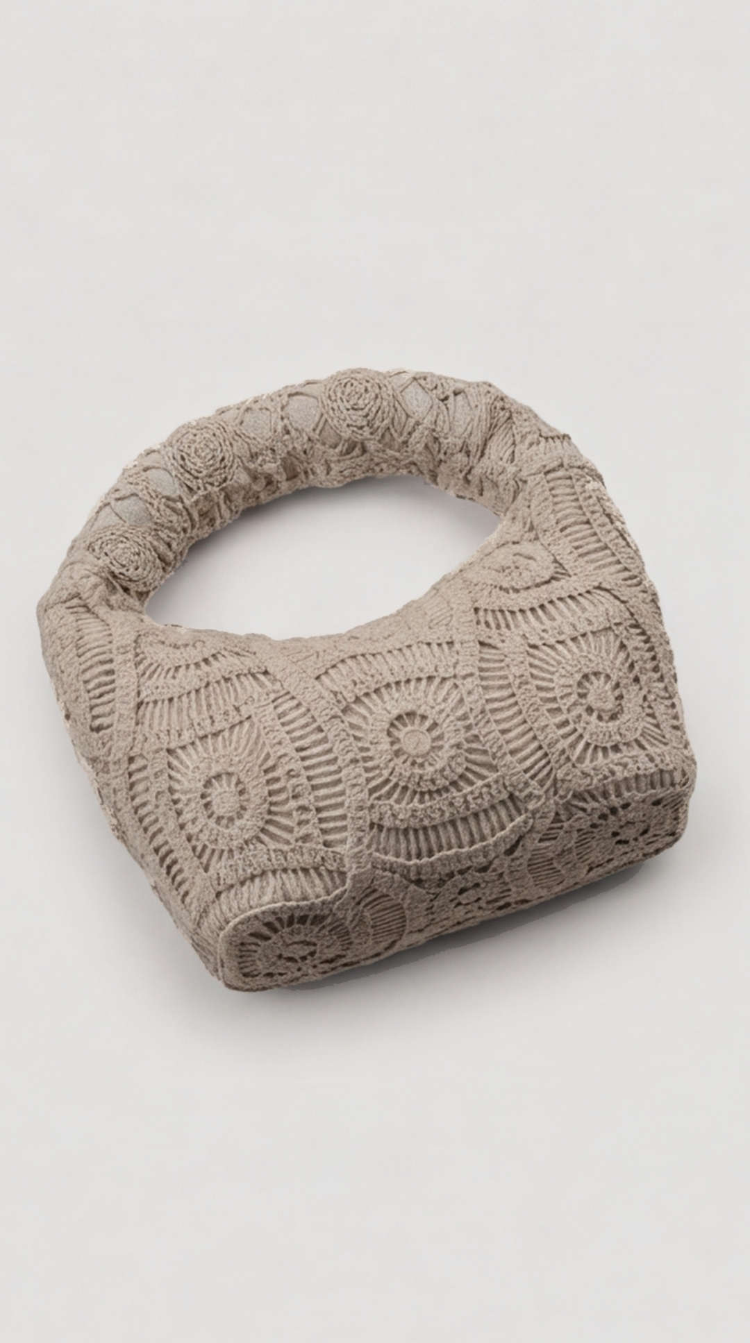 Beige Macramé Crescent Top-Handle Bag