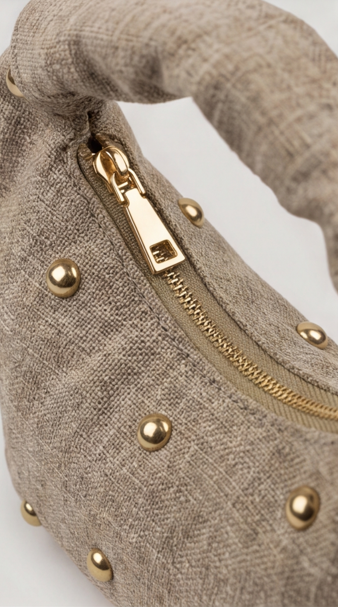Studded Heathered-Linen Crescent Bag