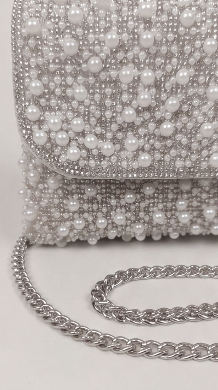 Silver Pearl Crystal Embellished Clutch Bag