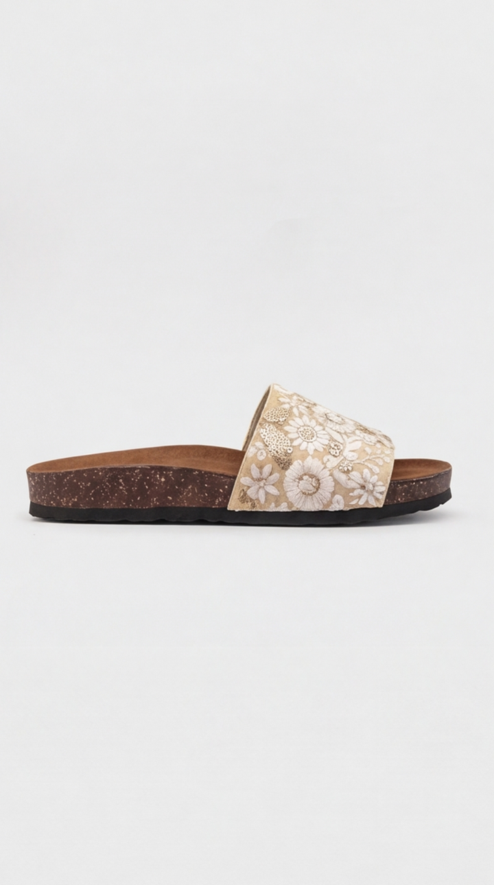 Ivory Floral Embroidered Cork Slide