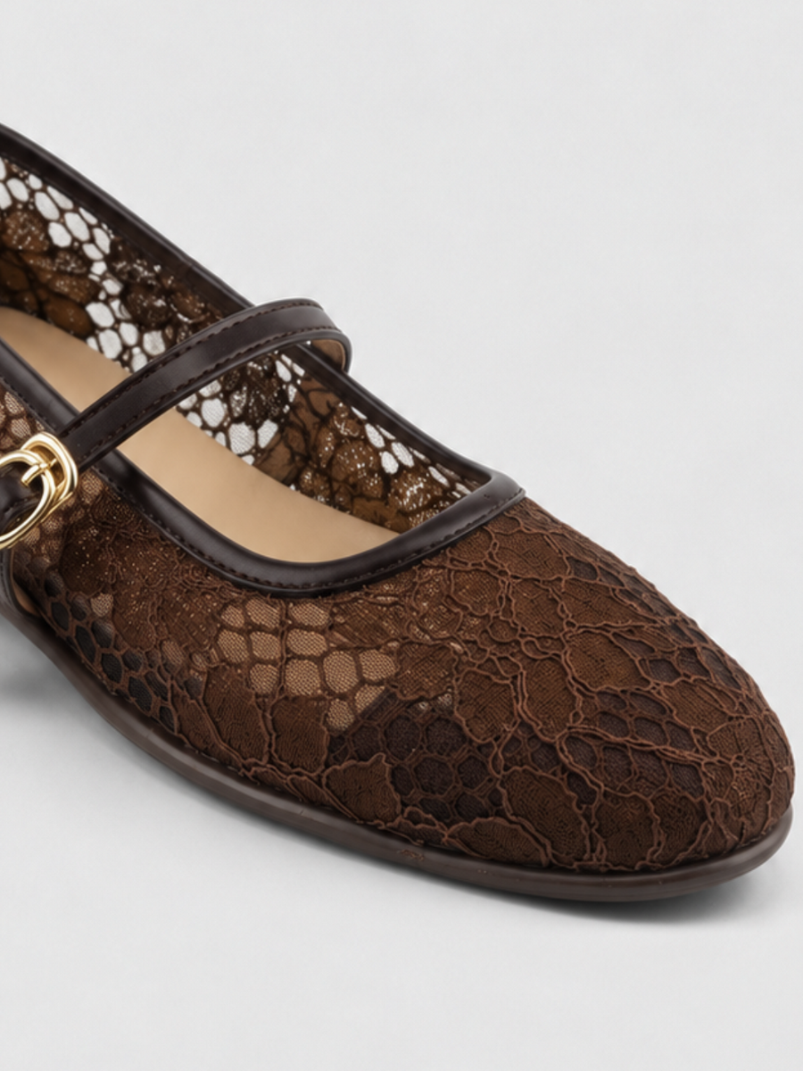 Brown Floral Lace Mary Jane Flat