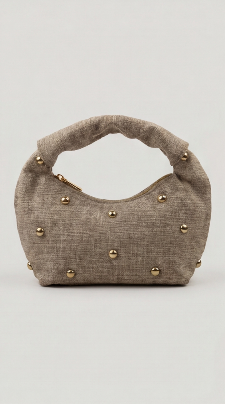 Studded Heathered-Linen Crescent Bag