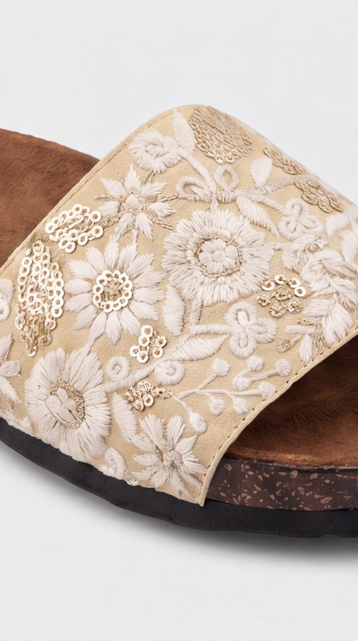 Ivory Floral Embroidered Cork Slide