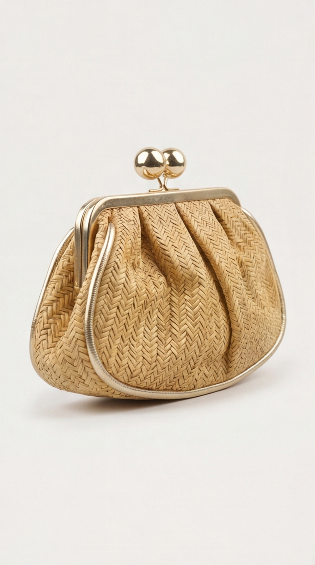 Woven Chevron Straw Clutch with Gold Sphere Kiss-Lock