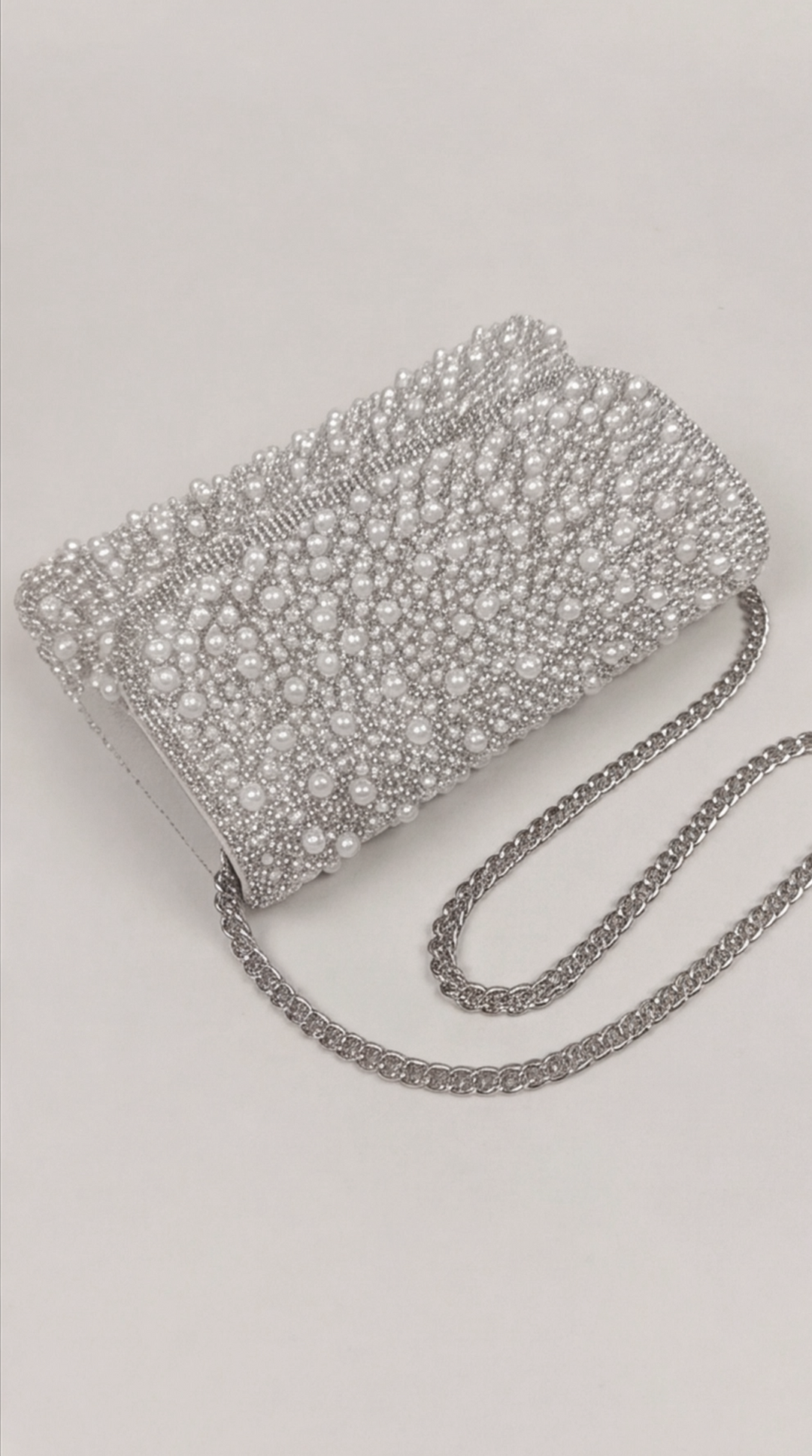 Silver Pearl Crystal Embellished Clutch Bag