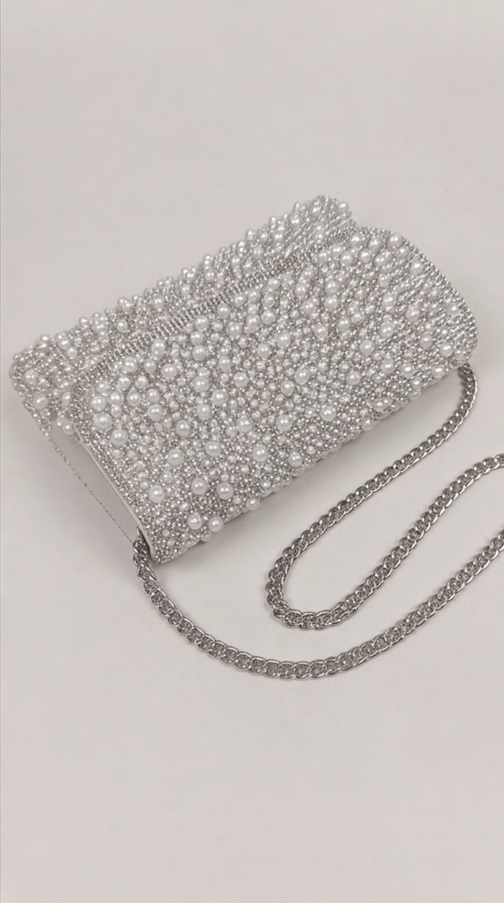 Silver Pearl Crystal Embellished Clutch Bag