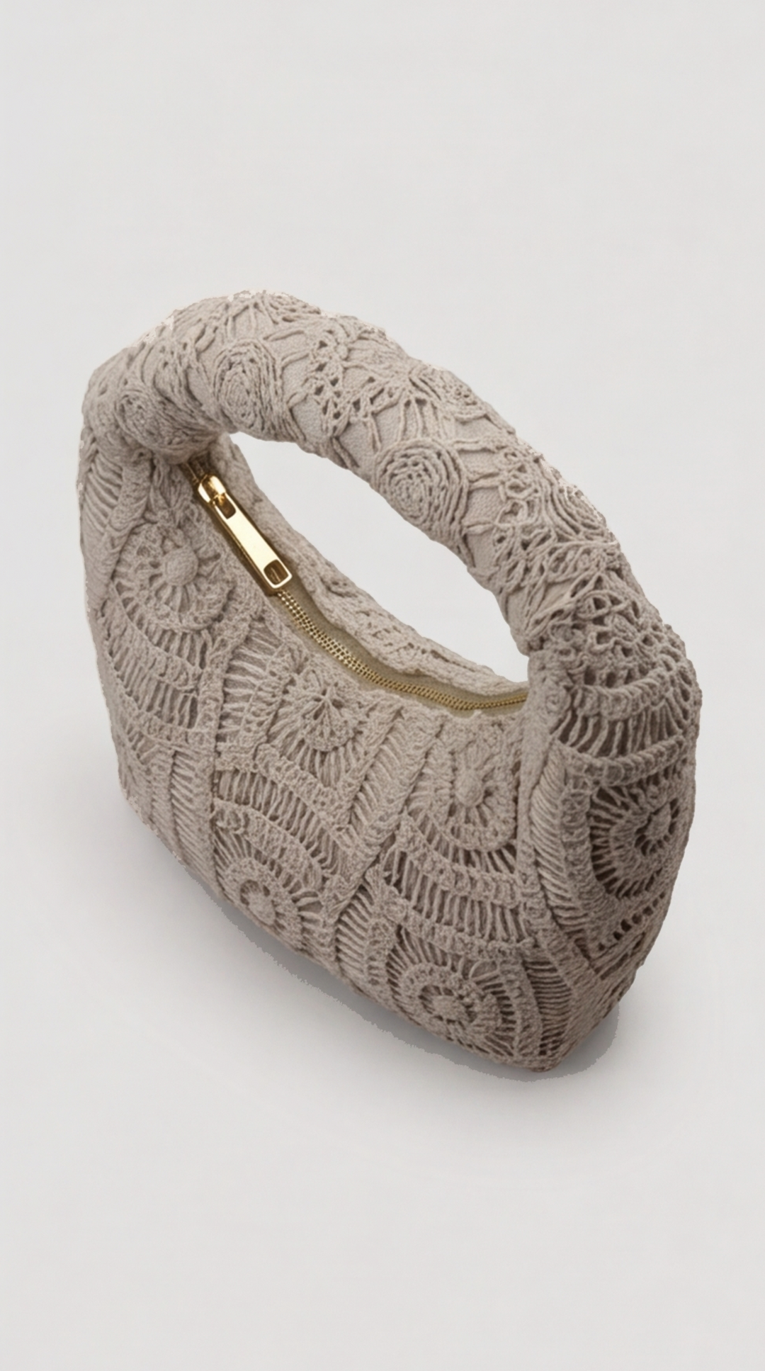 Beige Macramé Crescent Top-Handle Bag