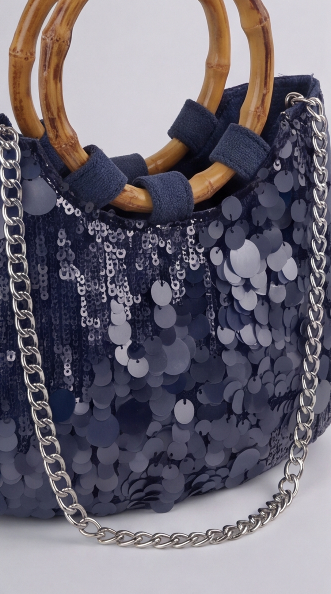 Midnight Blue Paillette Handbag with Bamboo Handles