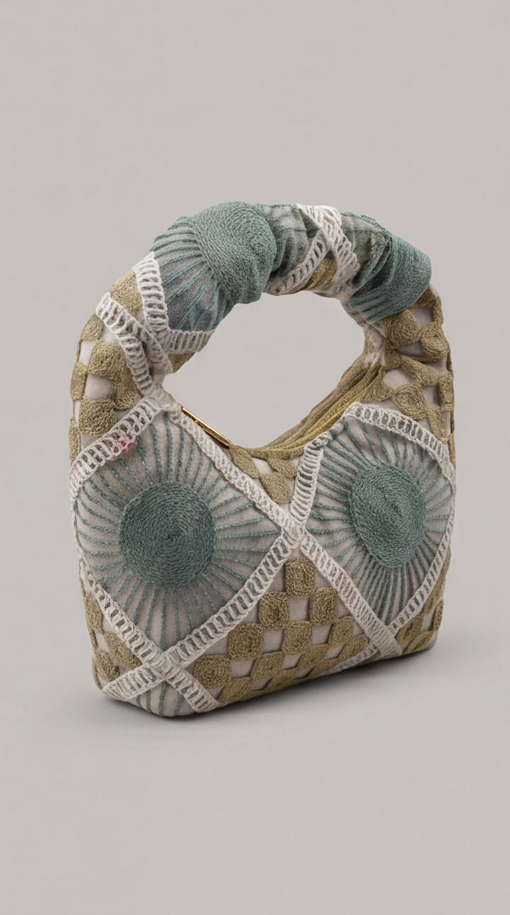 Geometric Patchwork Embroidered Crescent Bag