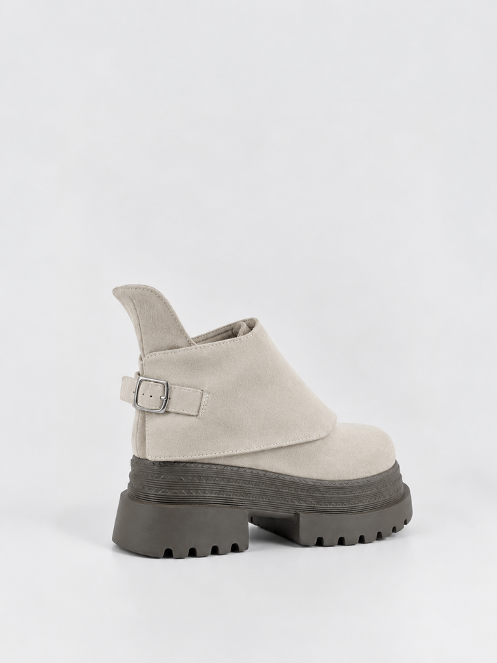 Buckle Flap Lace-Up Platform Ankle Boot Faux Suede – Beige