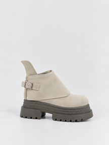Buckle Flap Lace-Up Platform Ankle Boot Faux Suede – Beige