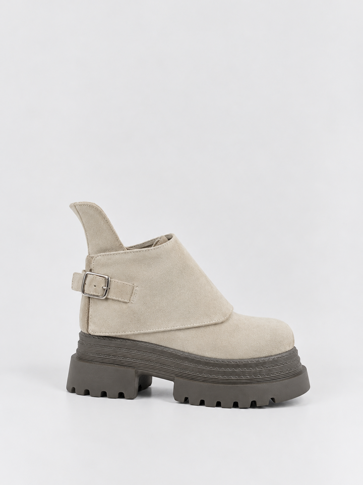 Buckle Flap Lace-Up Platform Ankle Boot Faux Suede – Beige