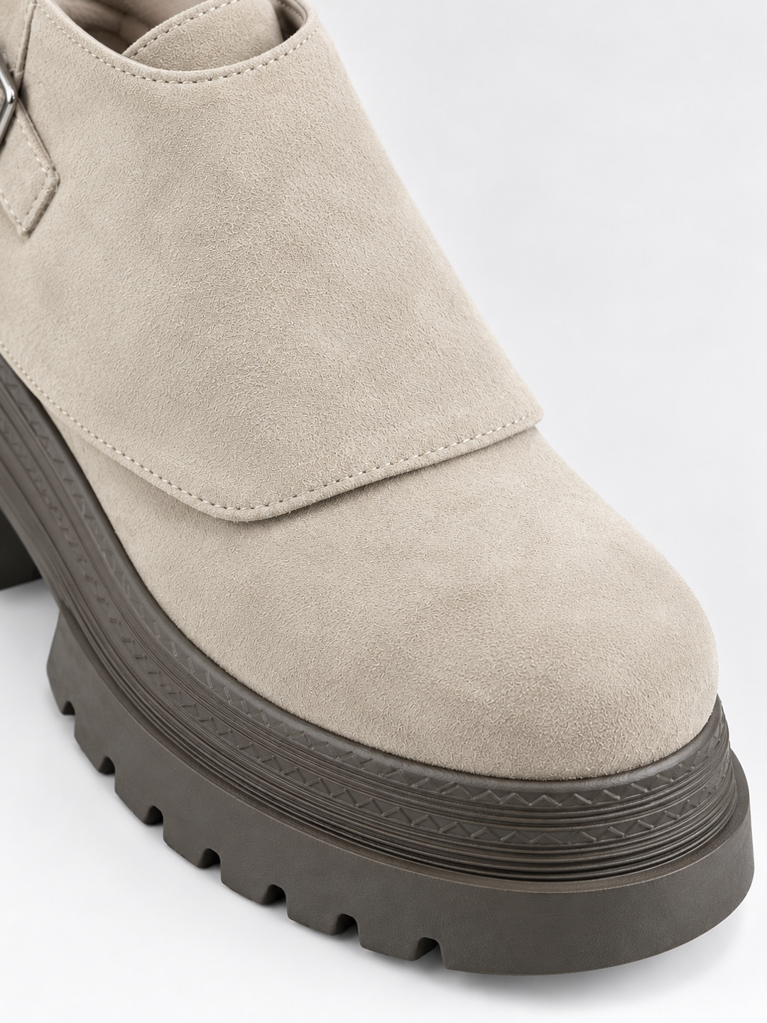 Buckle Flap Lace-Up Platform Ankle Boot Faux Suede – Beige