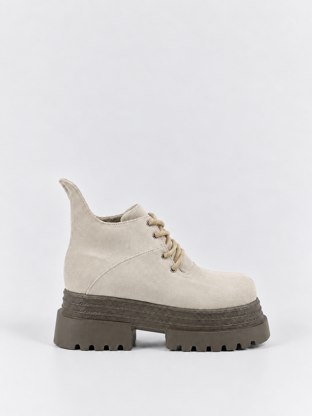 Buckle Flap Lace-Up Platform Ankle Boot Faux Suede – Beige