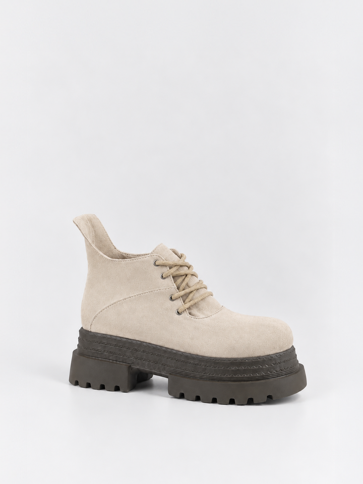 Buckle Flap Lace-Up Platform Ankle Boot Faux Suede – Beige