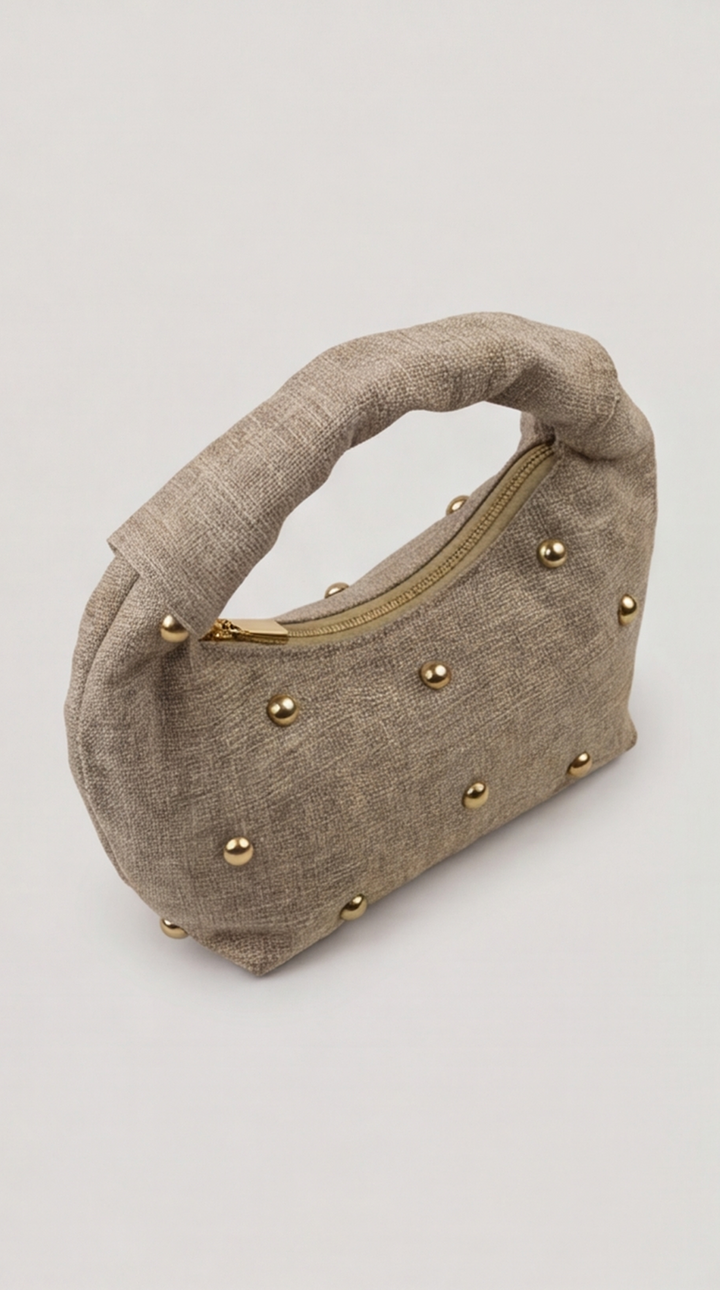 Studded Heathered-Linen Crescent Bag