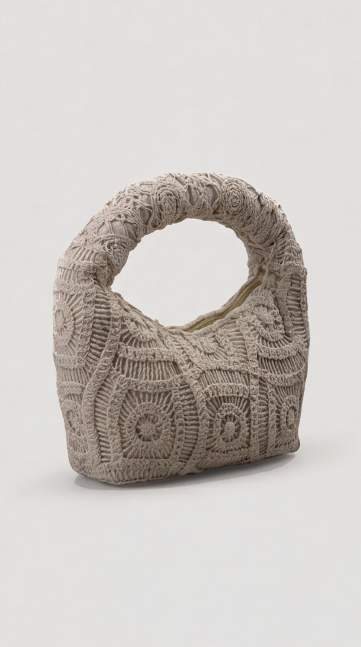 Beige Macramé Crescent Top-Handle Bag