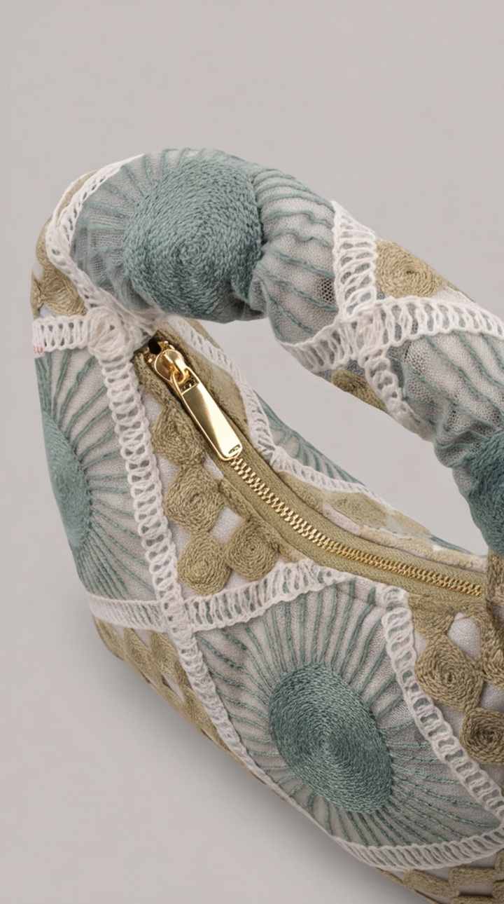 Geometric Patchwork Embroidered Crescent Bag