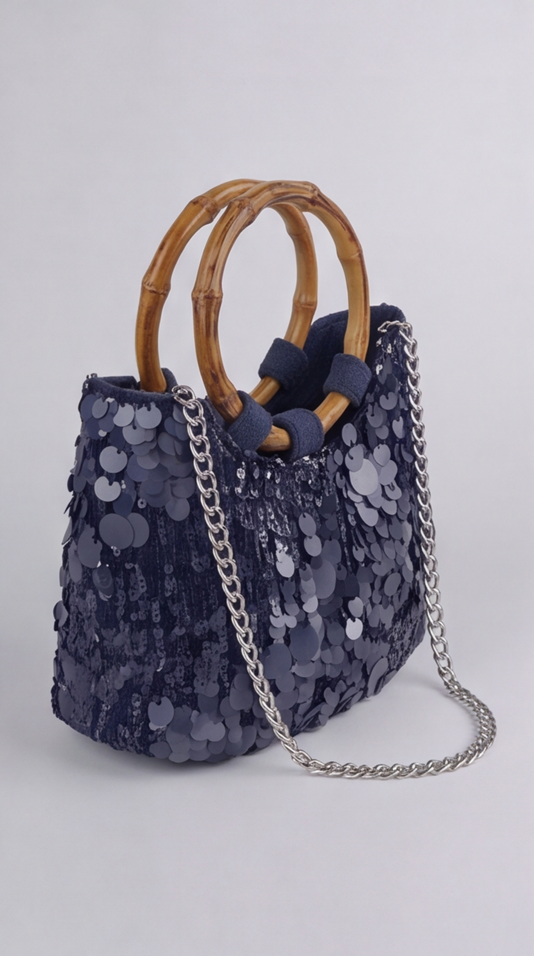 Midnight Blue Paillette Handbag with Bamboo Handles