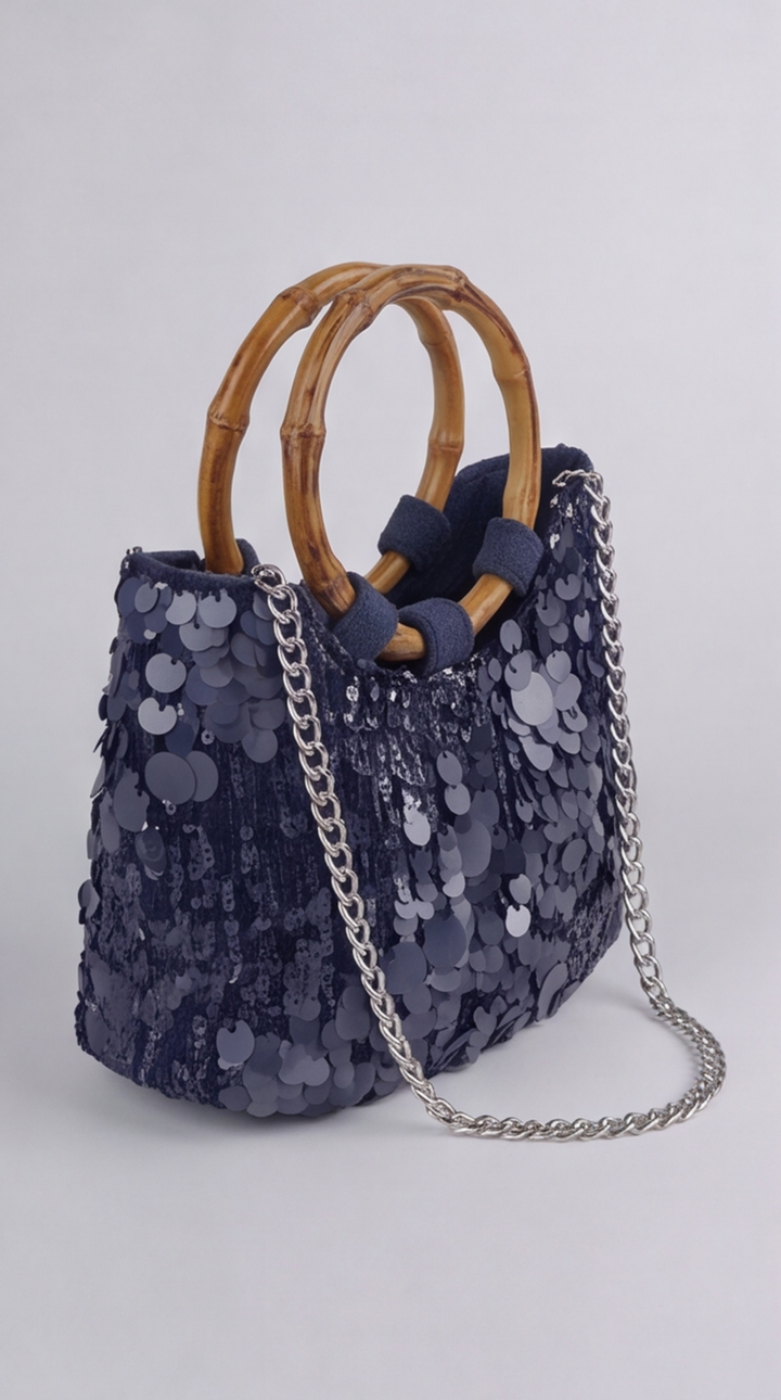 Midnight Blue Paillette Handbag with Bamboo Handles