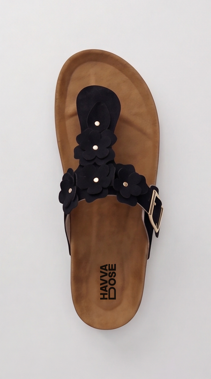 Black Floral Appliqué Platform Sandal