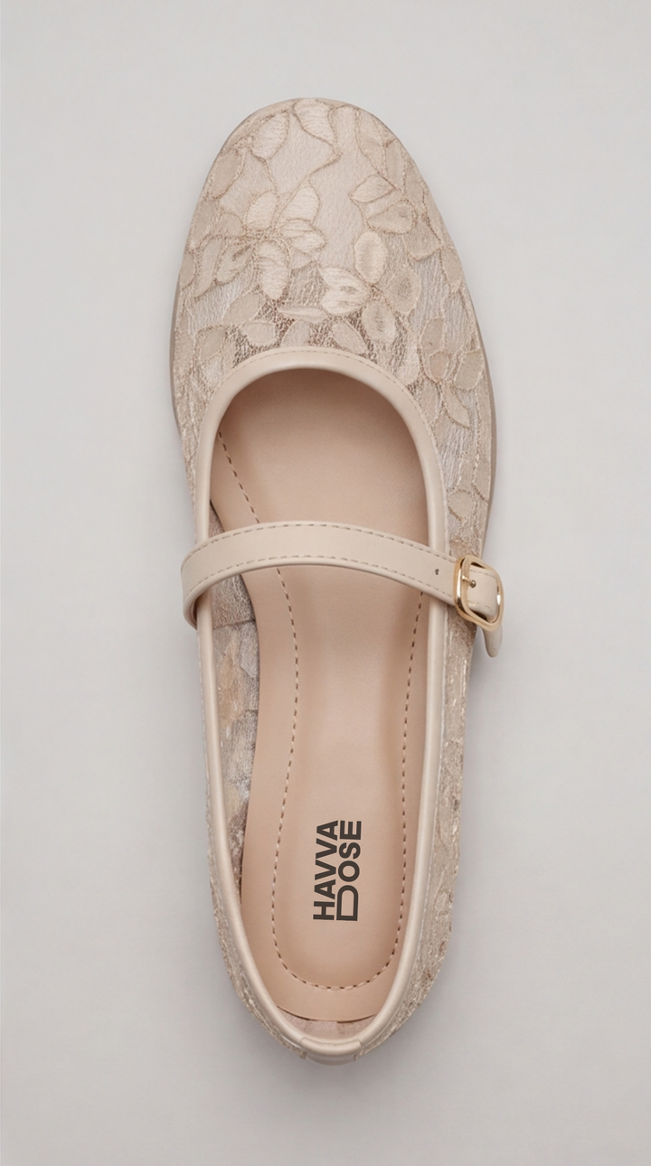 Beige Floral Lace Mary Jane Flat