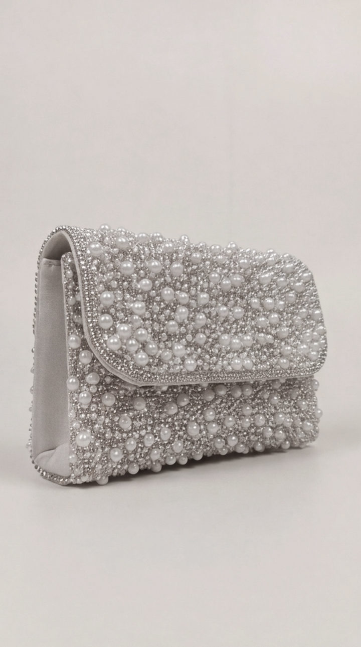 Silver Pearl Crystal Embellished Clutch Bag