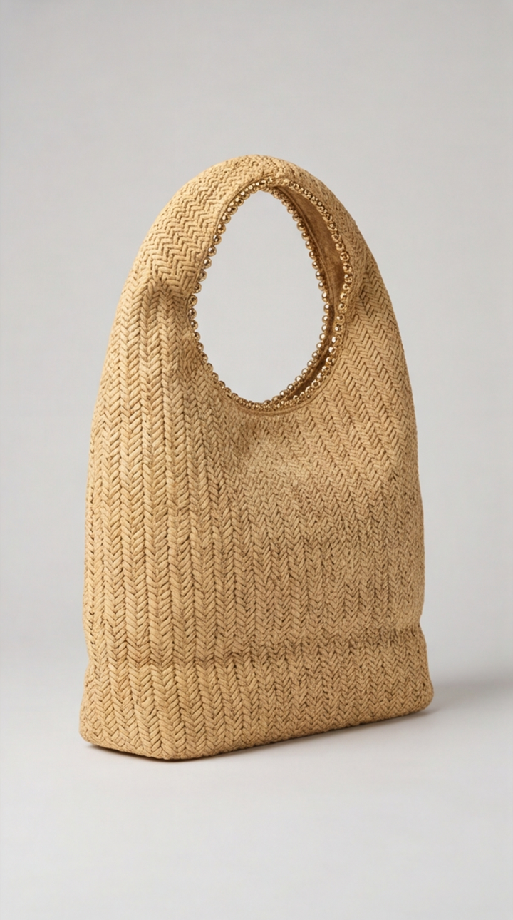 Beaded Cut-Out Chevron Straw Tote