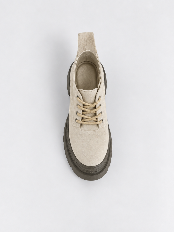 Buckle Flap Lace-Up Platform Ankle Boot Faux Suede – Beige