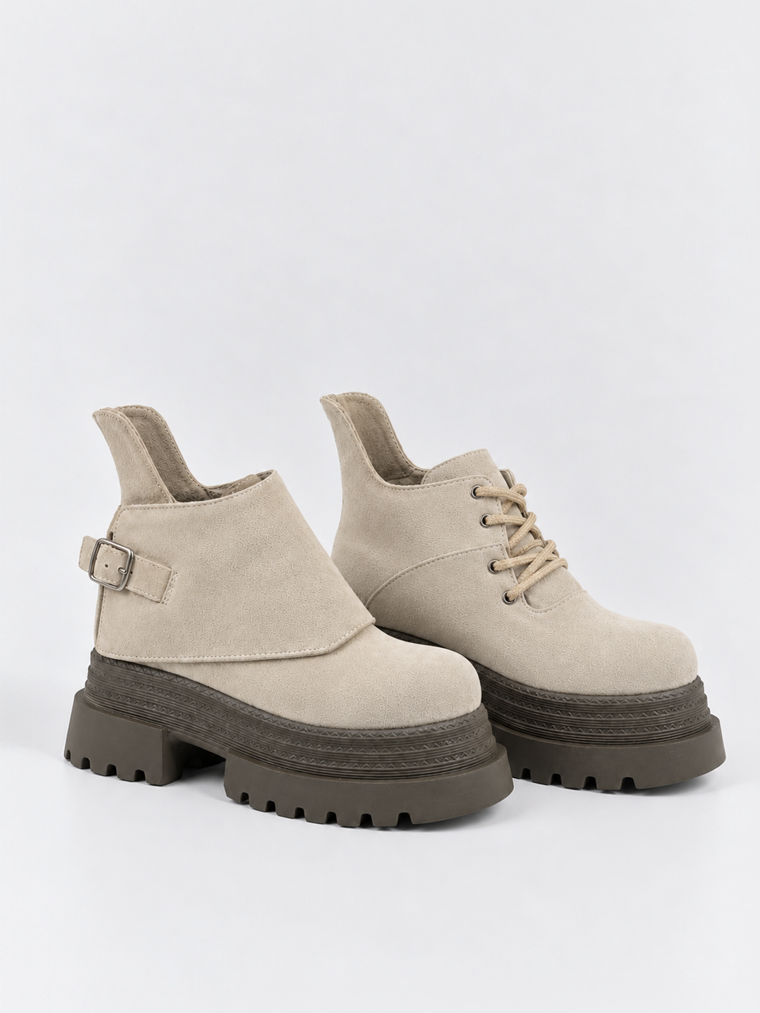 Buckle Flap Lace-Up Platform Ankle Boot Faux Suede – Beige