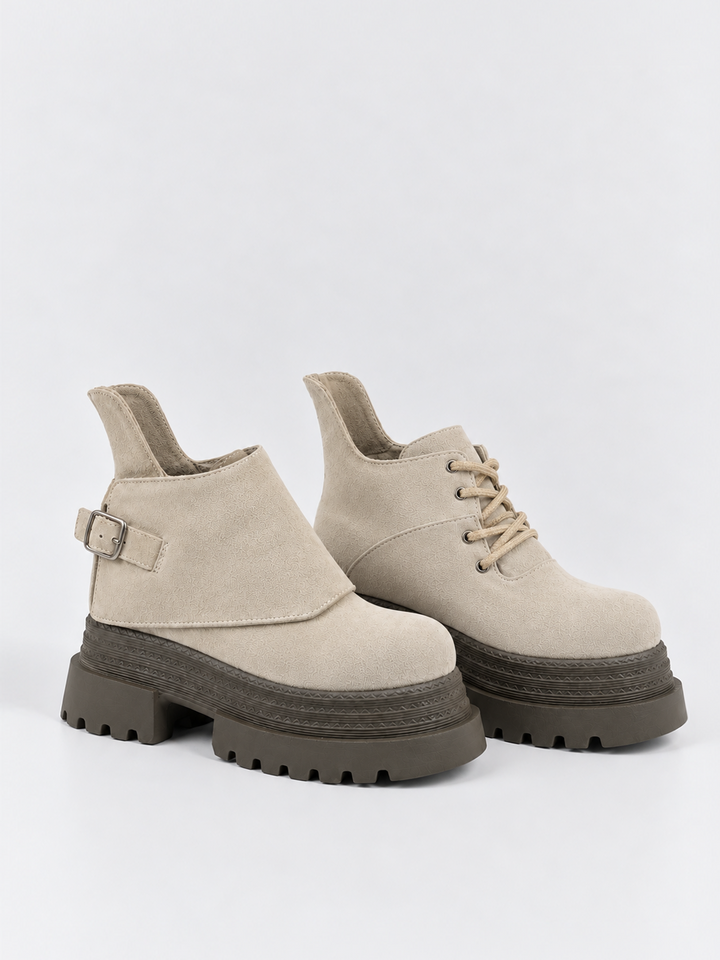 Buckle Flap Lace-Up Platform Ankle Boot Faux Suede – Beige