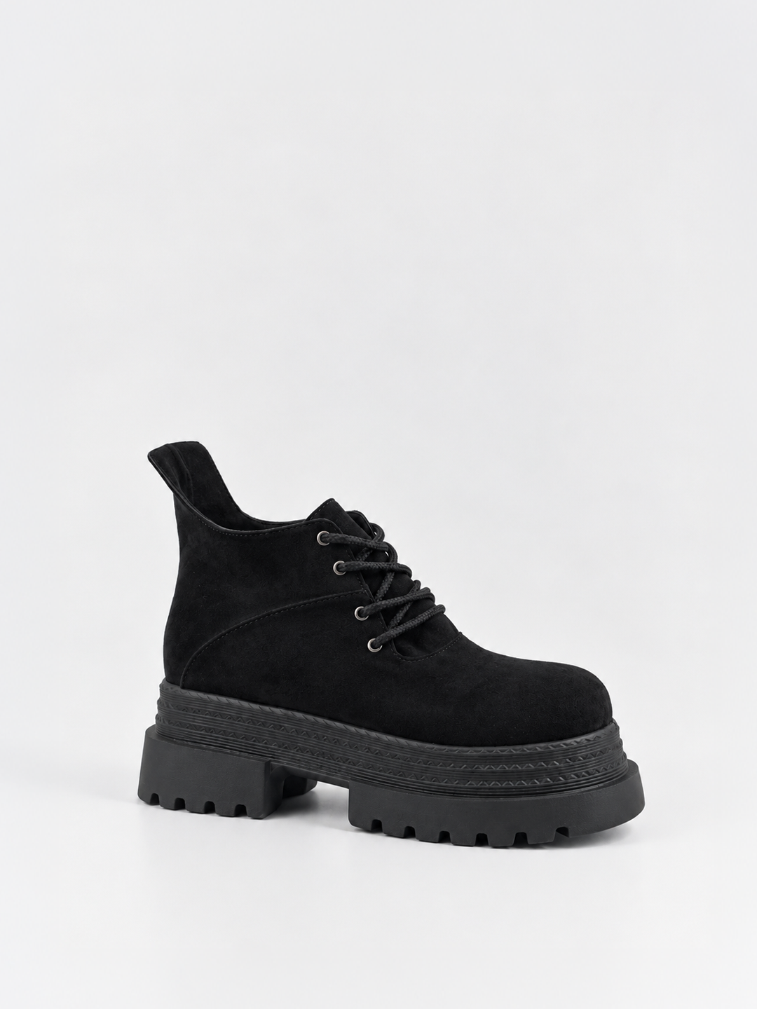Buckle Flap Lace-Up Platform Ankle Boot Faux Suede – Black