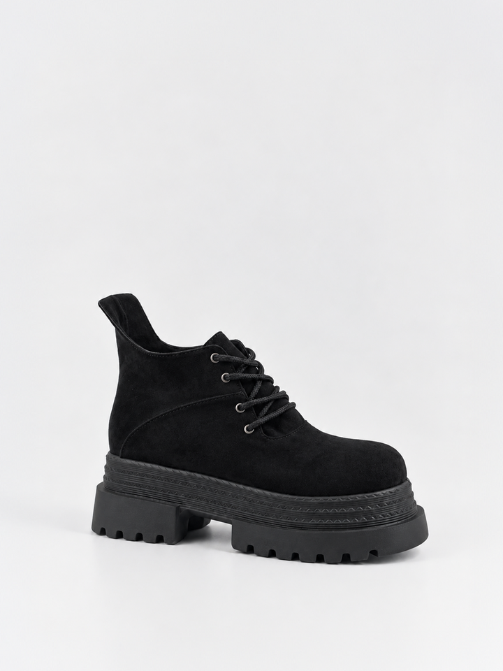 Buckle Flap Lace-Up Platform Ankle Boot Faux Suede – Black