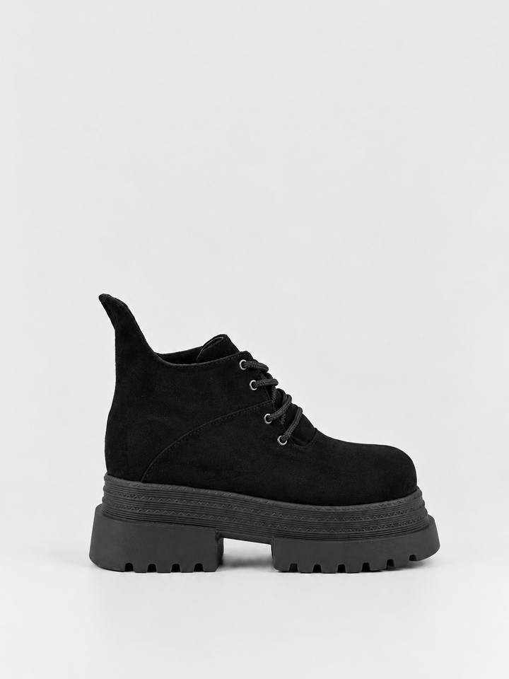 Buckle Flap Lace-Up Platform Ankle Boot Faux Suede – Black