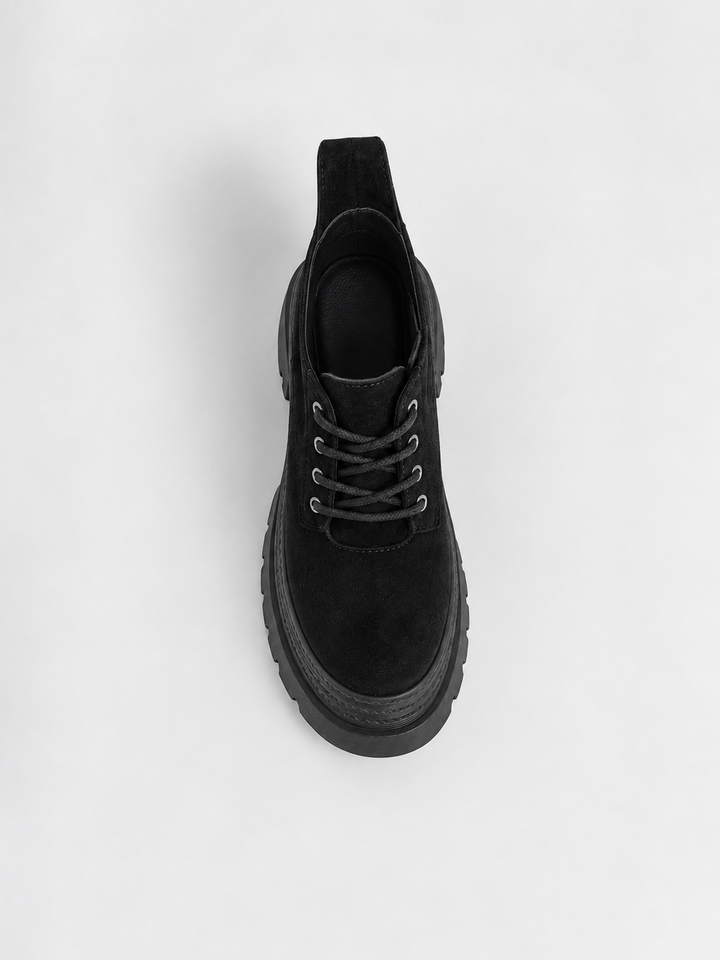 Buckle Flap Lace-Up Platform Ankle Boot Faux Suede – Black