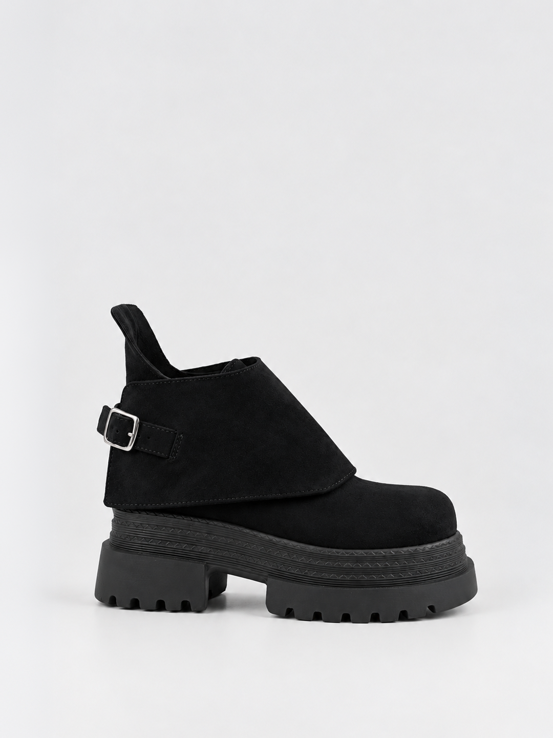 Buckle Flap Lace-Up Platform Ankle Boot Faux Suede – Black