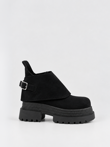 Buckle Flap Lace-Up Platform Ankle Boot Faux Suede – Black